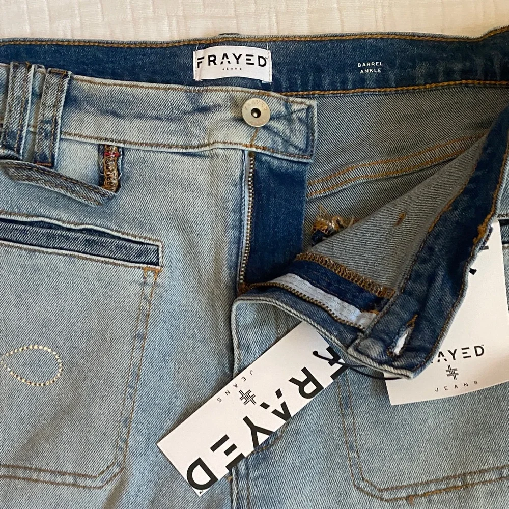 FRAYED Two-Tone Light Blue and Dark Blue Relaxed Barrel  Jeans 99% Cotton